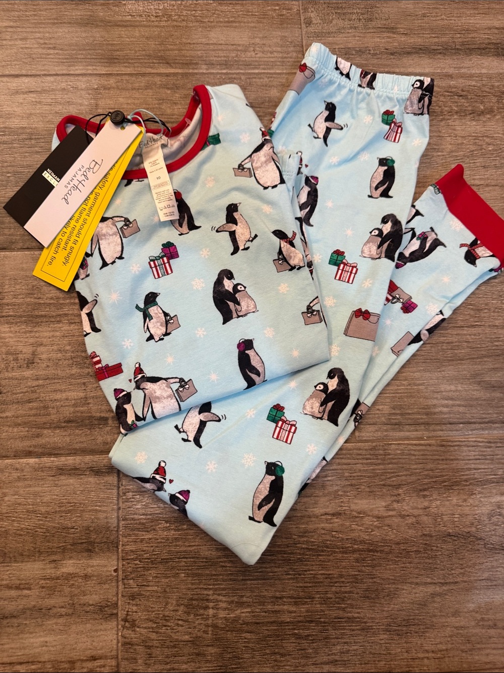 BedHead Light Blue Penguin Print Kids Pajama Set with Red Trim
